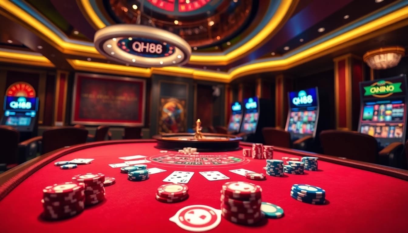 Experience high-stakes excitement at qh88 casino tables with vibrant poker chips and cards.