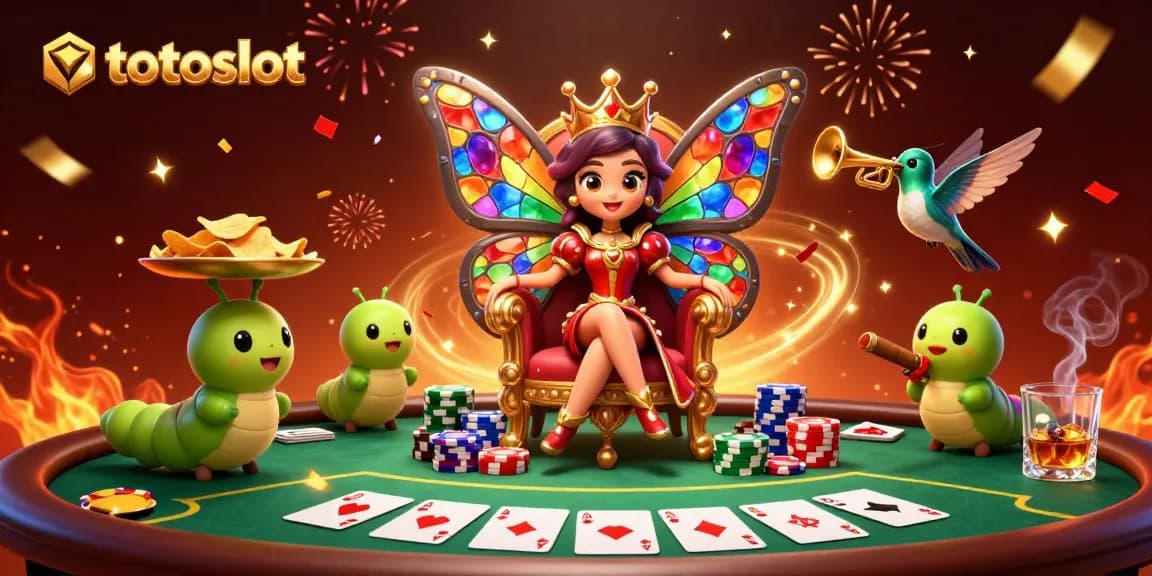Totoslot showcases a vibrant casino scene with a butterfly queen and poker elements.