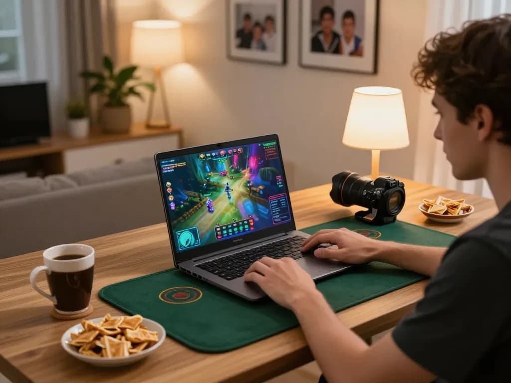 Engaging in online gambling with hm 88 at home, showcasing a cozy gaming setup with colorful interface and snacks.