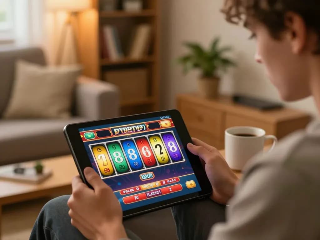 Pemain menikmati permainan slot aman788 di tablet dalam suasana ruang tamu yang nyaman