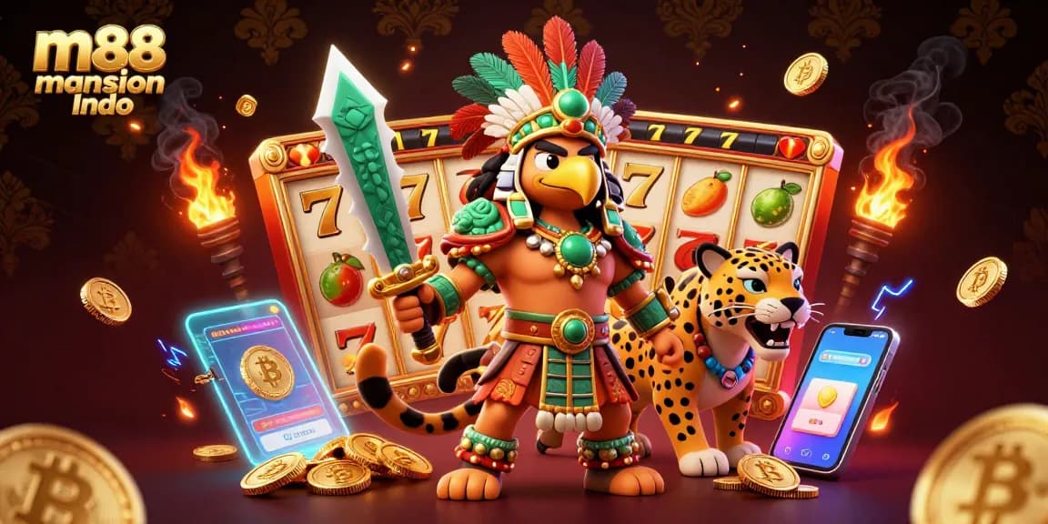 M88 mansion Indo menampilkan adegan kasino 3D yang menarik dengan pejuang Aztec dan elemen permainan slot.