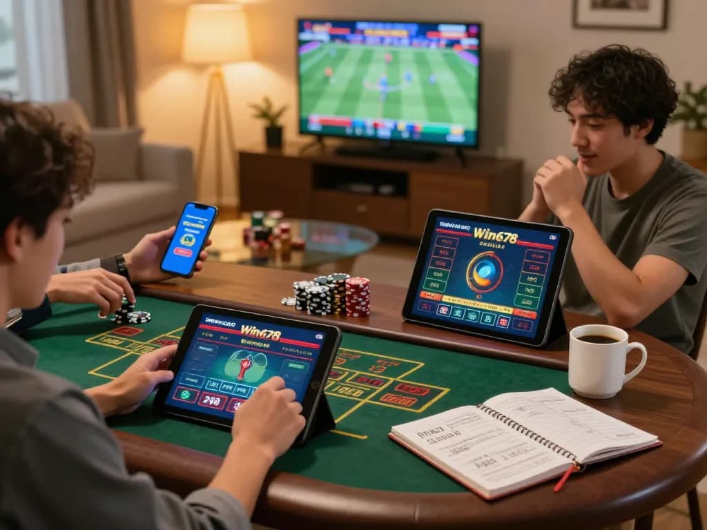 Engaging online gaming scene at Nhà cái Win678, showcasing players immersed in casino games on various devices.