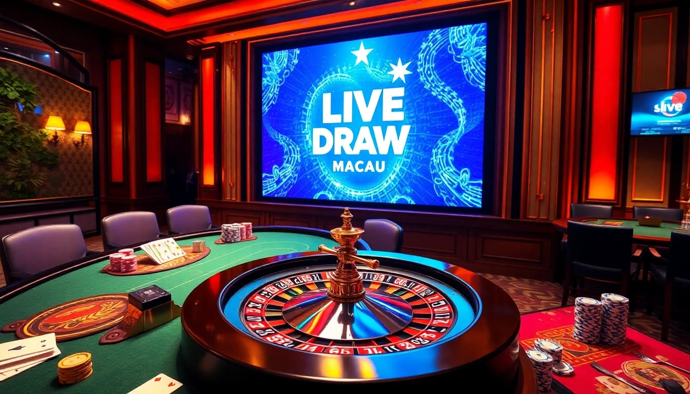 Experience the excitement of Live Draw Macau with a vibrant casino scene featuring a roulette wheel and poker chips.