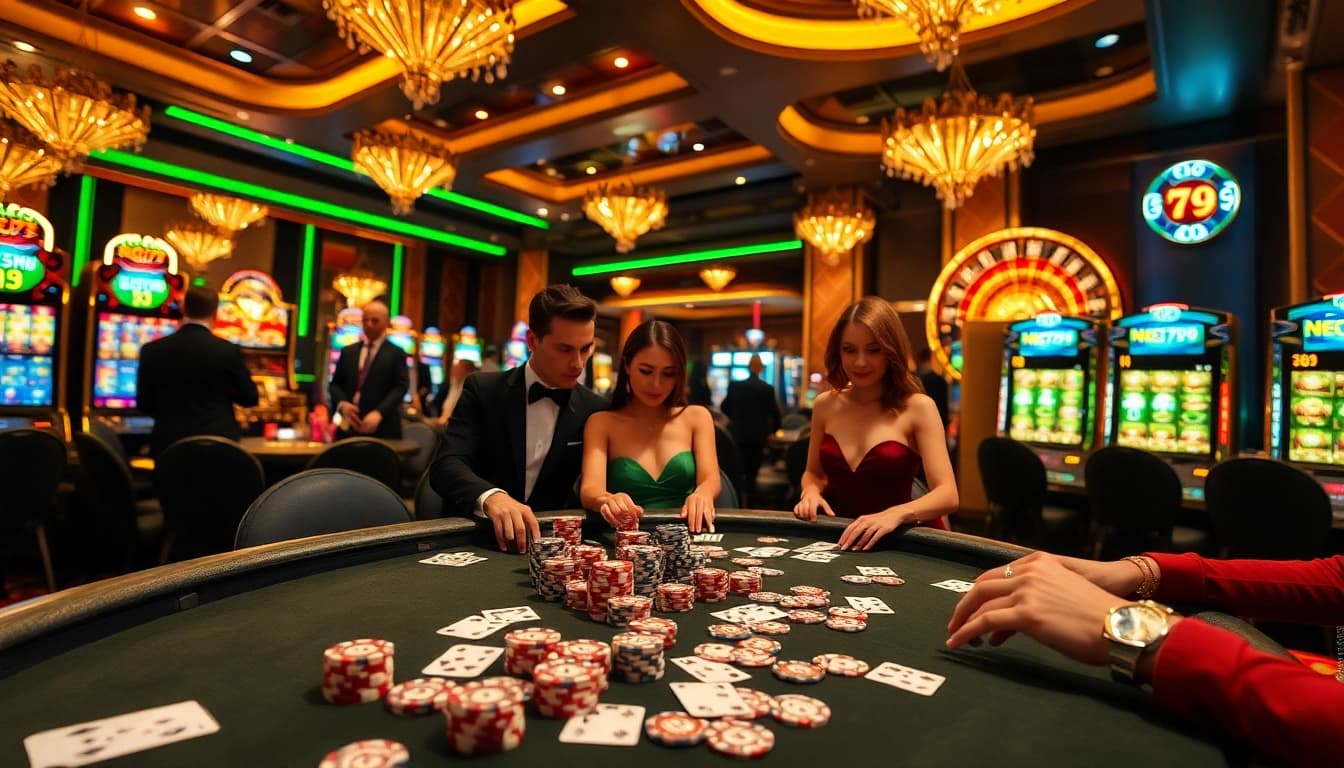 Players enjoying an exciting poker game at NEO79 casino, showcasing luxury and thrill.