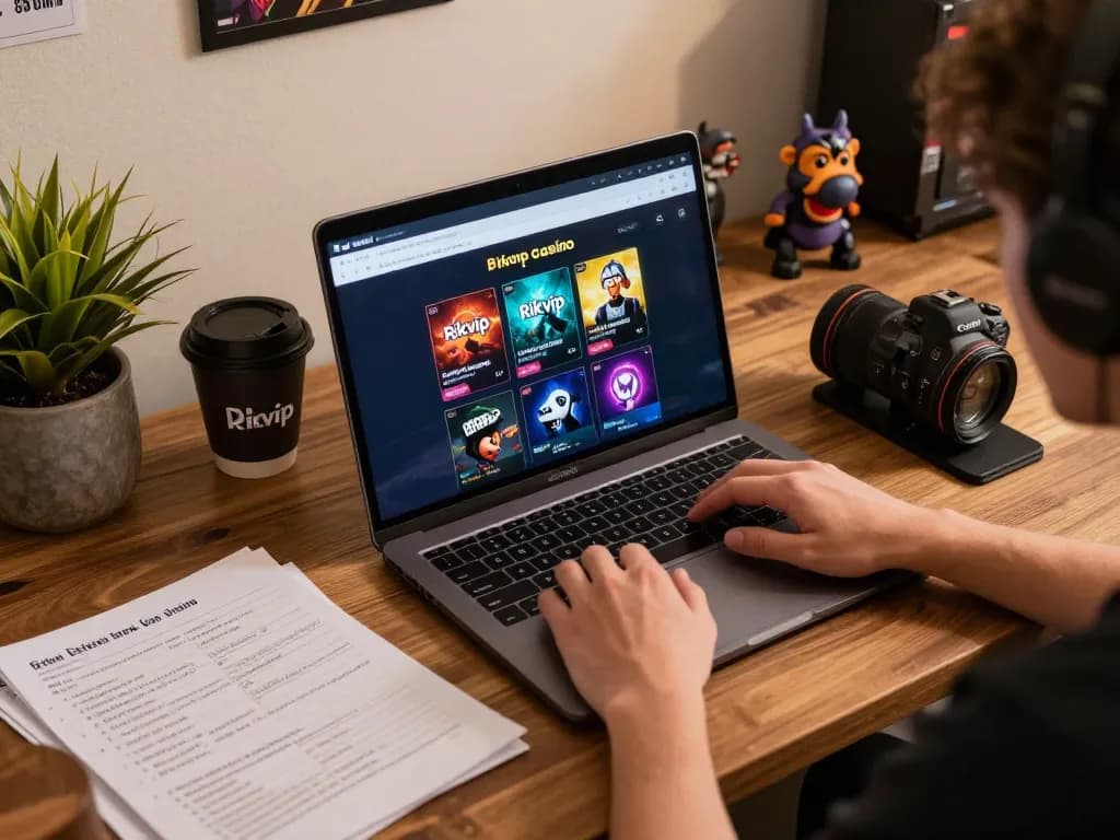 Engaged player enjoying Rikvip online casino gaming on a laptop with strategic notes.