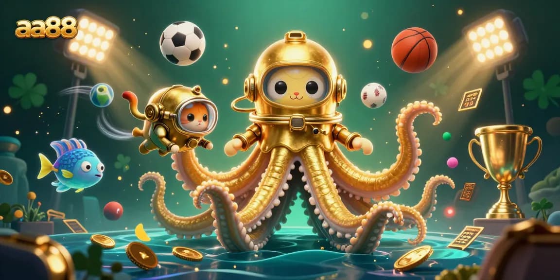 Bet on aa88 with a thrilling scene of a kraken, diving cat, and sports elements.