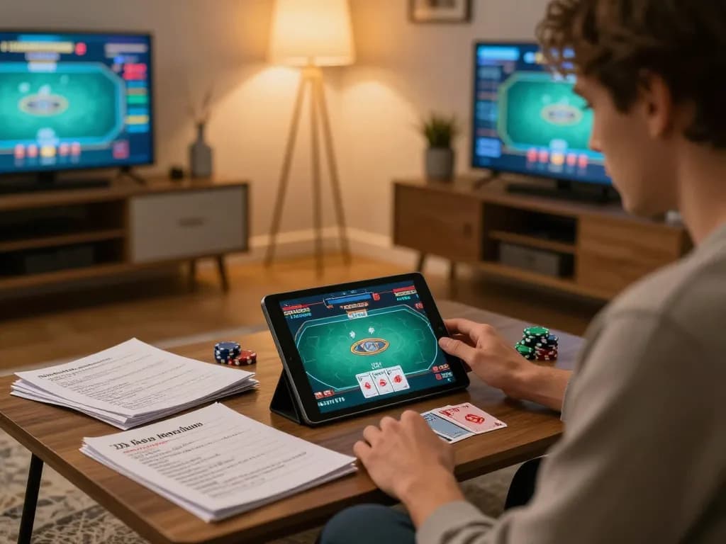 Person analyzing poker strategies with LuckyIndex while playing online casino games at home.