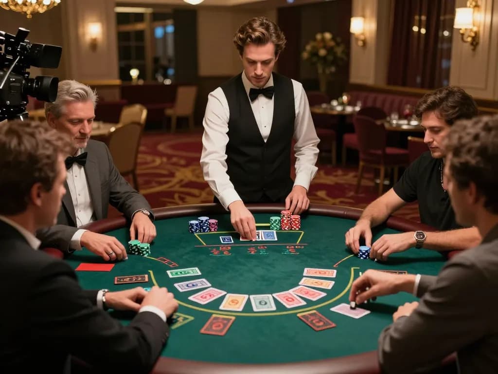 Pemain merumuskan strategi di meja blackjack SN2121 dalam suasana kasino yang mewah.