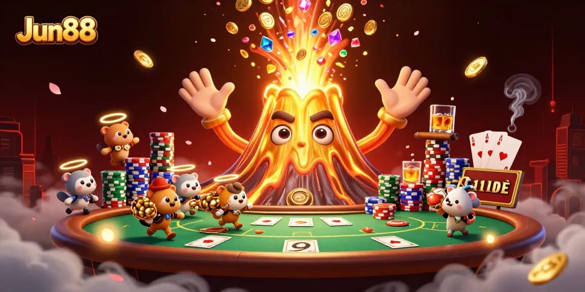 Experience excitement and treasure at Jun88 with a vibrant 3D casino scene featuring a golden volcano!