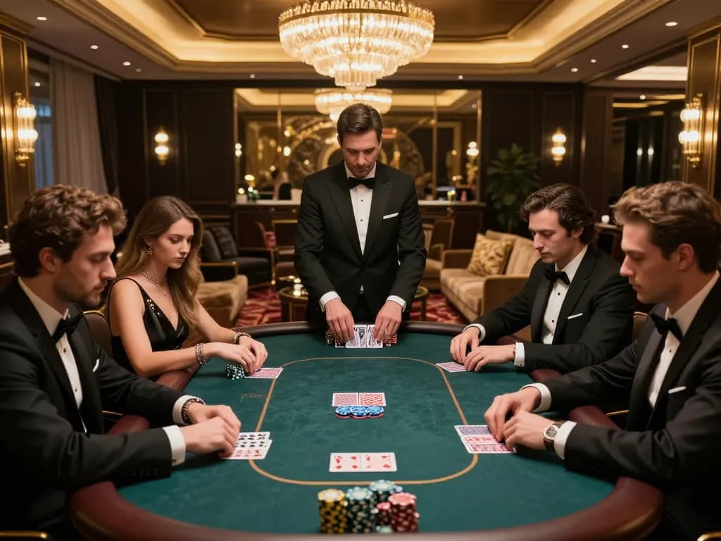Players engaged in a strategic poker game at 888New's upscale gaming room