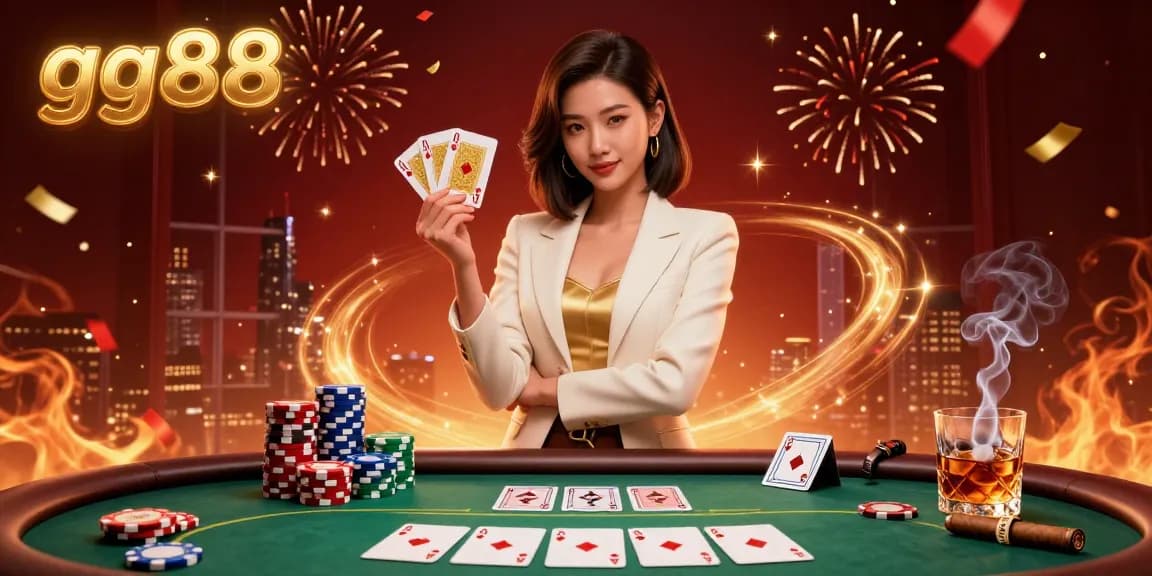 Engage with gg88 in a vibrant casino scene, showcasing a powerful businesswoman amidst poker games, chips, and celebratory elements.