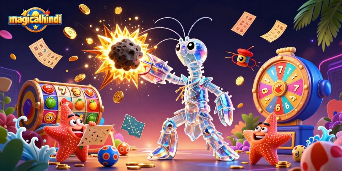 Engage in the thrilling gameplay of magicalhindi, as characters navigate slot reels and golden coins rain down.