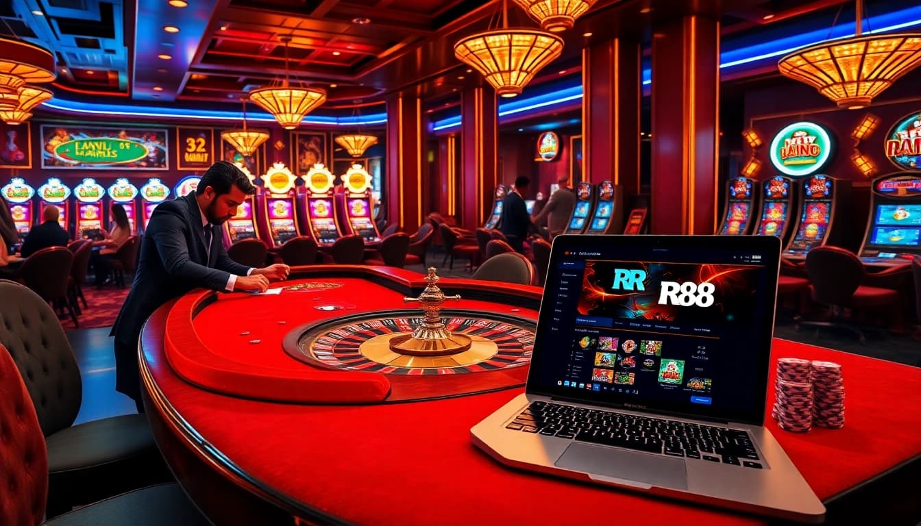 Players enjoying the RR88 casino experience with roulette and poker tables in a luxurious setting.