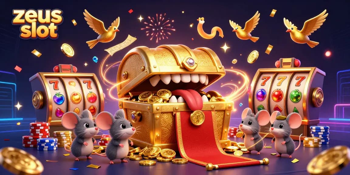 Engage with zeus slot in a vibrant, thrilling casino scene overflowing with golden treasures and dynamic gaming elements.
