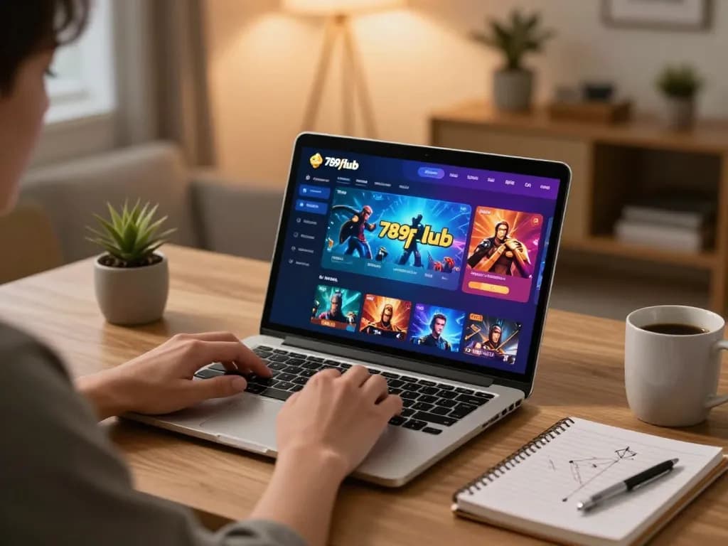 Online gaming with 789fclub app on a laptop, cozy atmosphere, player engaged in betting.