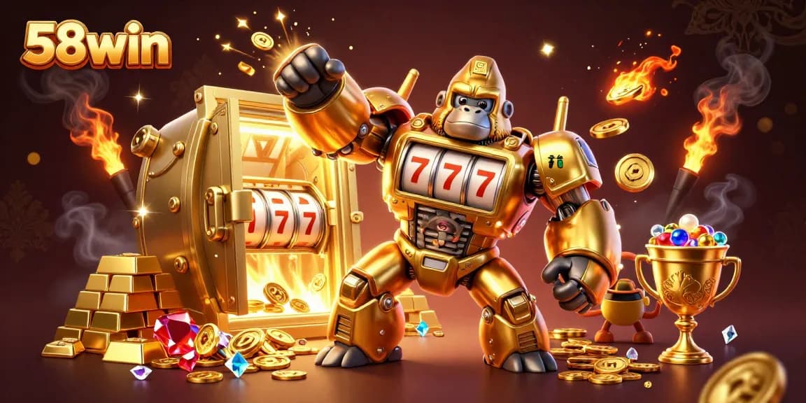 Experience the thrill of 58win with a dynamic 3D golden gorilla mech and casino treasures.