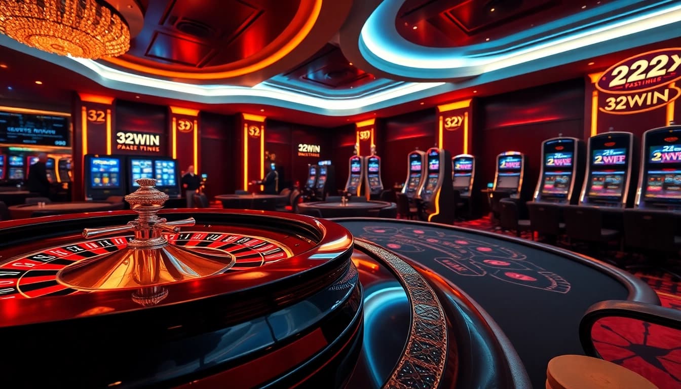Players enjoying thrilling casino games at 32WIN, featuring roulette and poker tables.