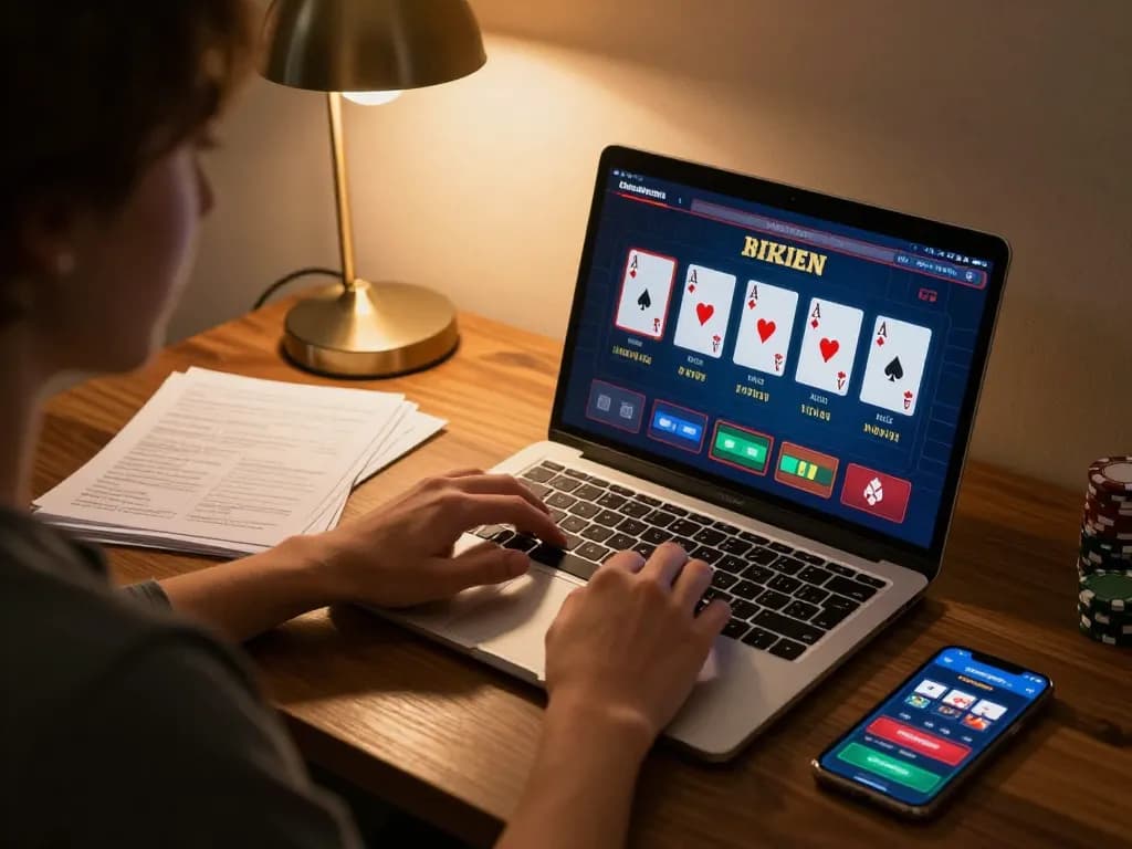 Engaged player enjoying poker gameplay on RR88's casino app, showcasing responsible gambling at home.