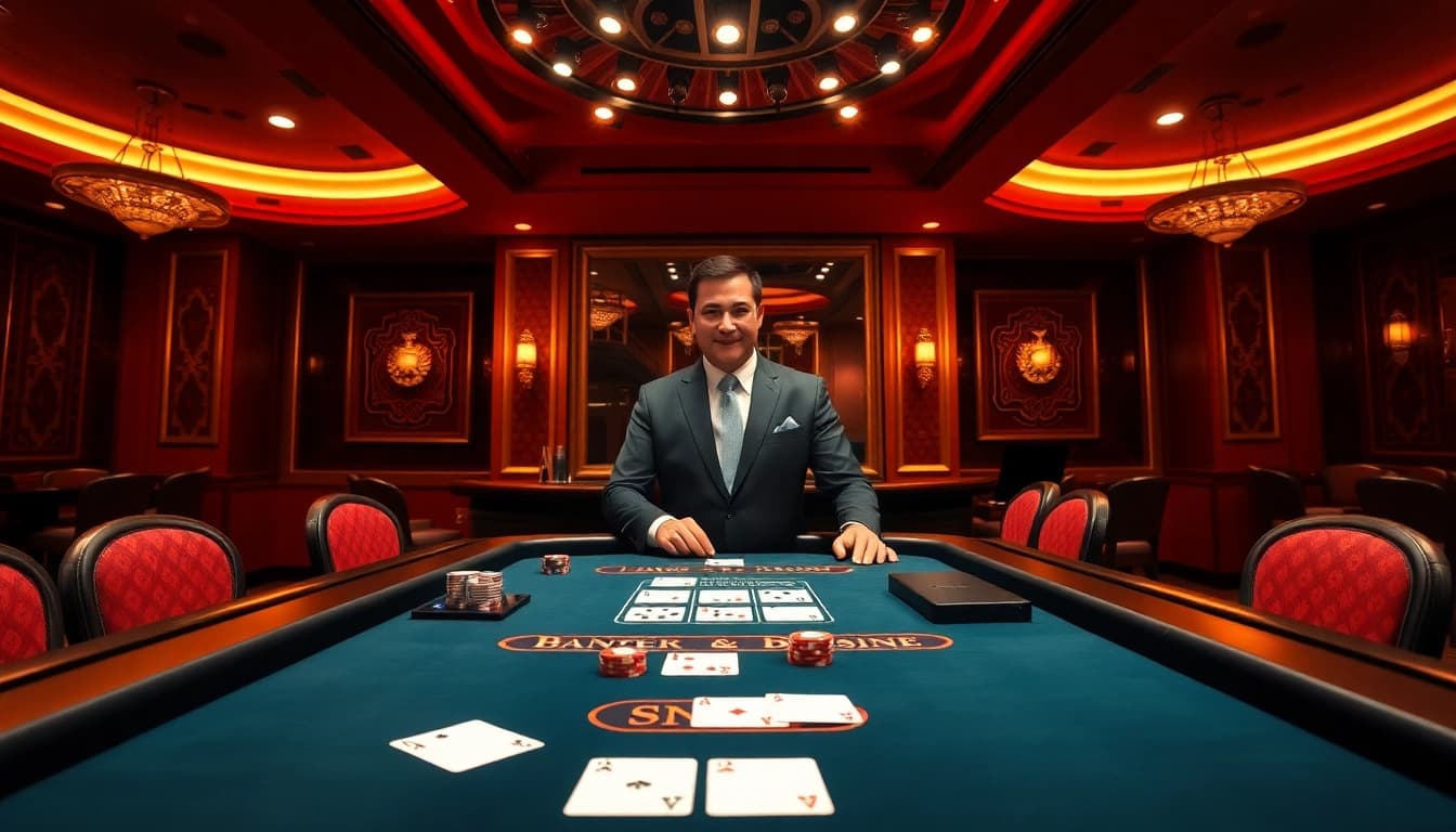Experience Live casino NK88 with a real dealer engaging players at a luxurious Baccarat table.