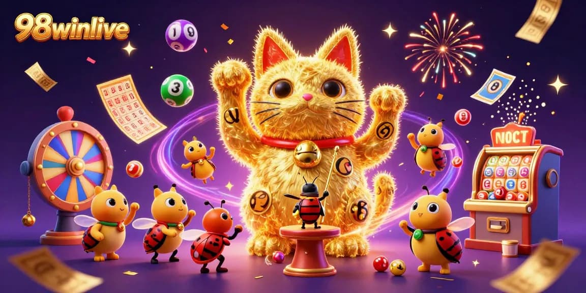Experience the vibrant energy of 98winlive with a giant lucky cat and animated casino symbols.