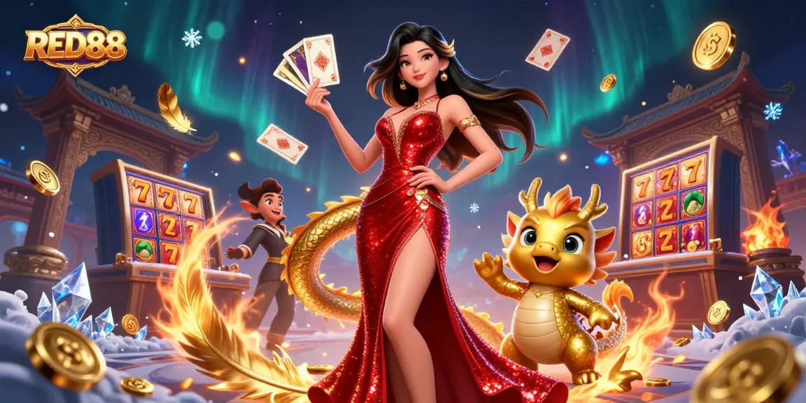 Experience the excitement of RED88 with a stunning Asian heroine and lively casino elements.