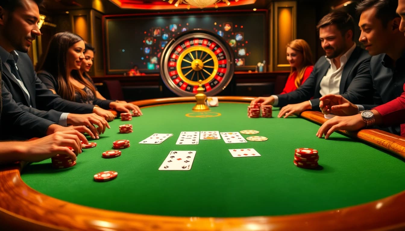 Exciting poker game at https://go8vni.com/ casino table surrounded by enthusiastic players.