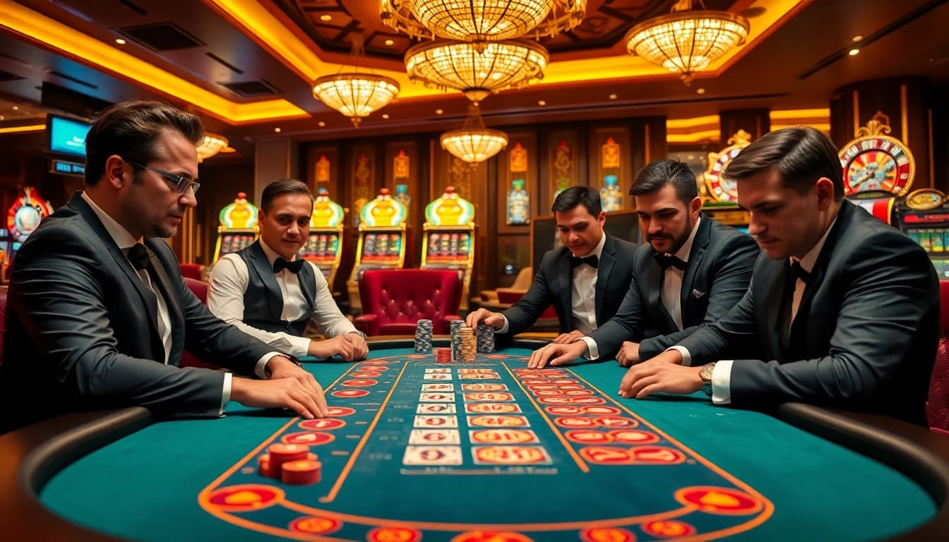 Players engaged in a high-stakes game at a luxurious ZX88 casino table, surrounded by rich poker chips and vibrant slot machines.