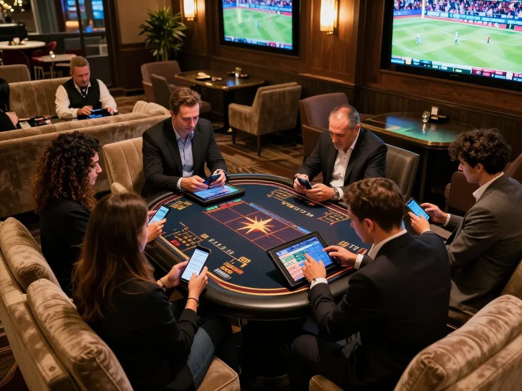 People engaging in sports betting on their devices at a stylish lounge, emphasizing the excitement of 9bet.
