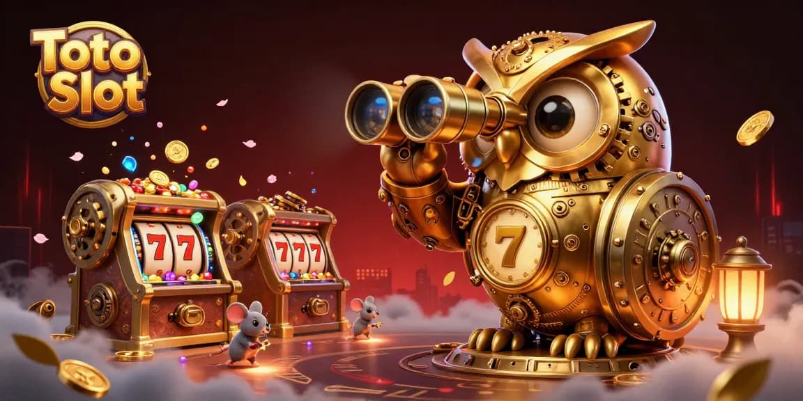 Toto Slot illustration of a golden owl and mice in a vibrant, action-packed casino scene.