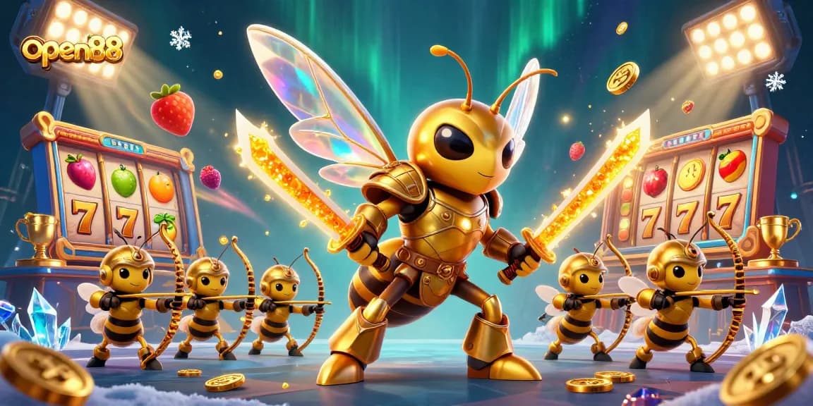 Engage with open88 as the golden hornet battles alongside bee archers amidst dazzling slot game elements.