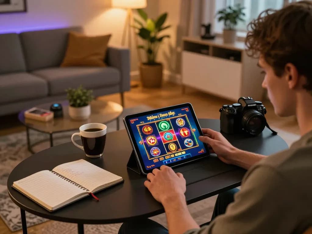 Engaging in 388bet online slots gameplay on a tablet in a cozy gaming environment