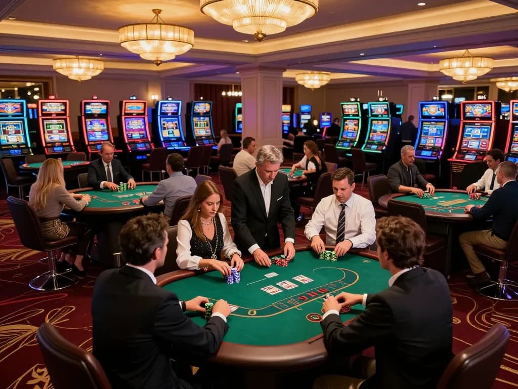 KJC players engaged in strategic poker gameplay at a lively casino.