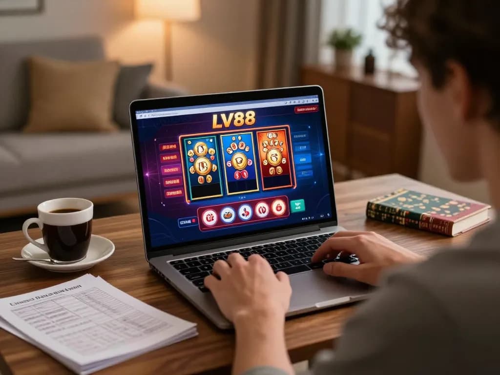 Player engaging with the LV88 online casino, focusing on strategic gameplay in a cozy home environment.