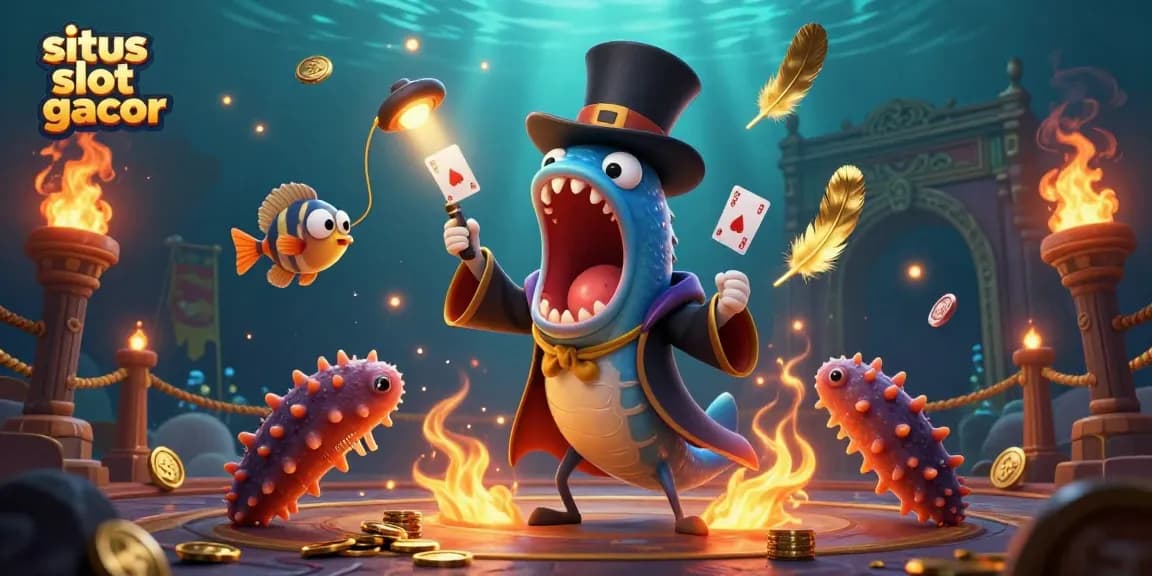 Menggali situs slot gacor dengan ilustrasi 3D kartun dari ular angler dan tokoh laut lainnya yang menampilkan momen magis kasino.
