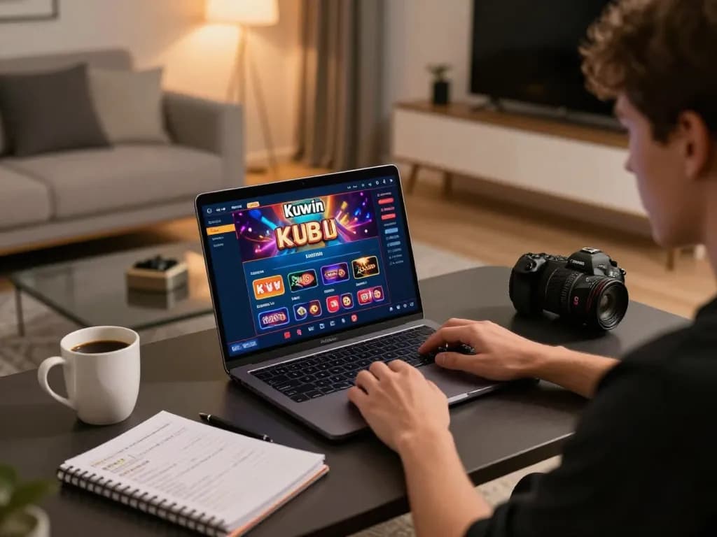 Kuwin player enjoying online casino gaming on laptop in cozy home setting with strategic notes