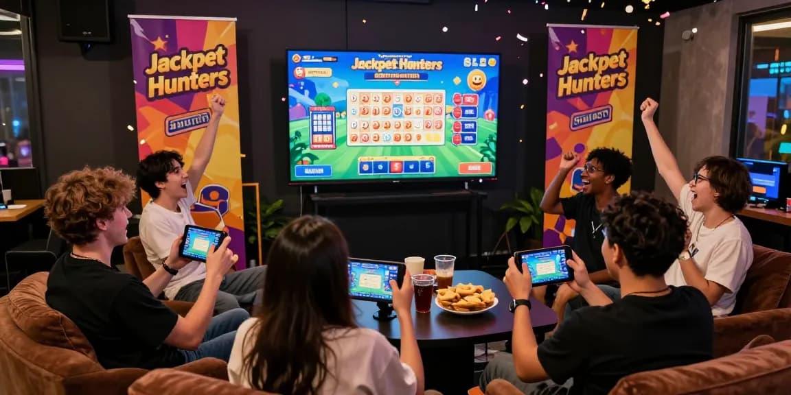 Komunitas permainan lottery di https://honda555.net/ merayakan momen jackpot dengan antusias, layar besar menampilkan permainan.