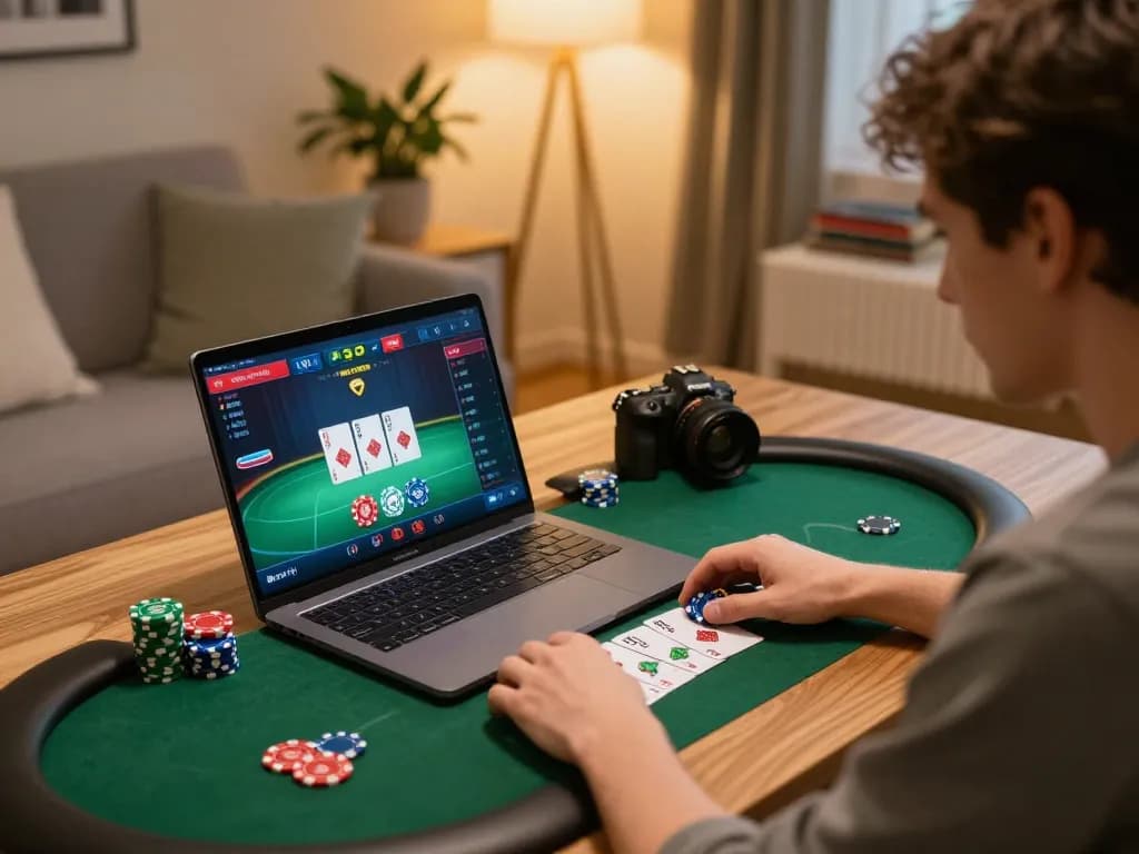 Player enjoying a poker game on MPOSPORT platform at home, showcasing strategic gameplay on a laptop