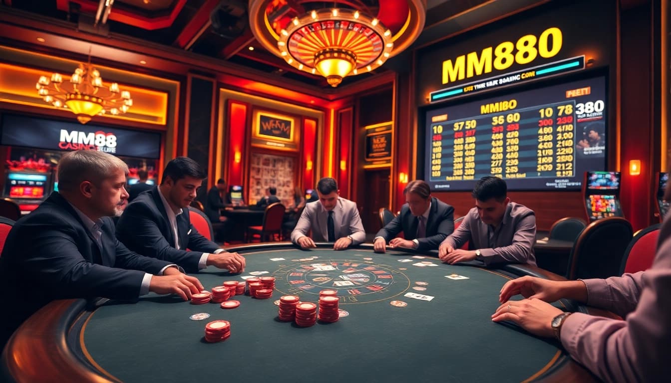 Players engaging at a mm88 poker table with vibrant chips and warm lighting.
