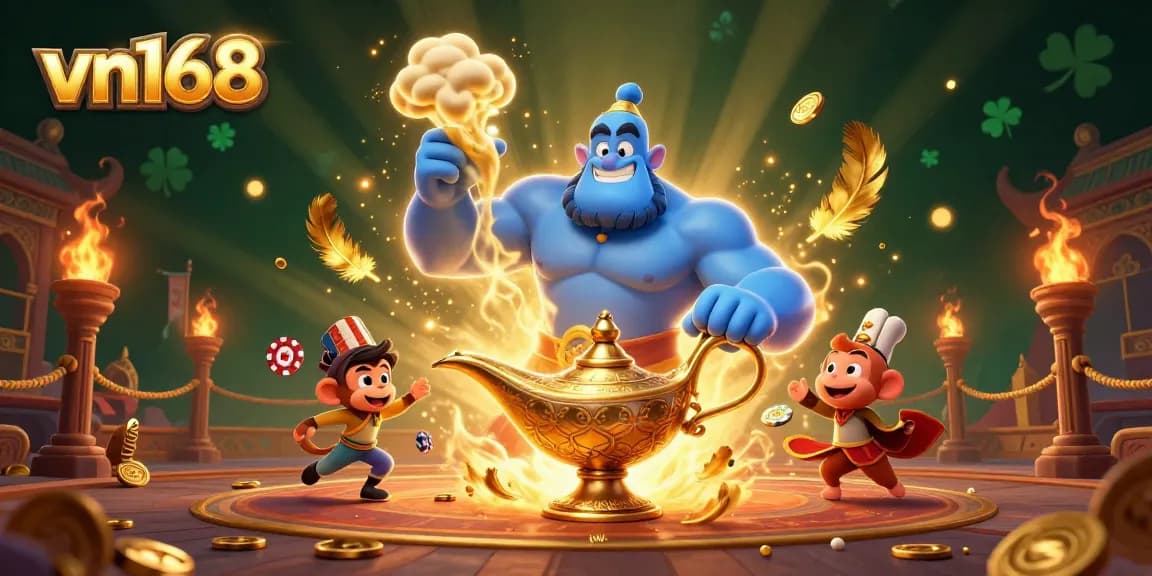 Experience thrilling games at vn168 with a vibrant depiction of a cartoon genie and poker elements.