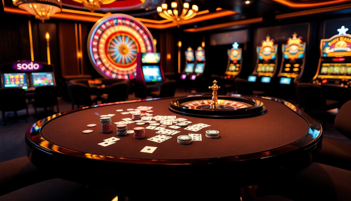 SODO Casino vibrant scene with exciting gaming tables, roulette wheel, and slot machines.