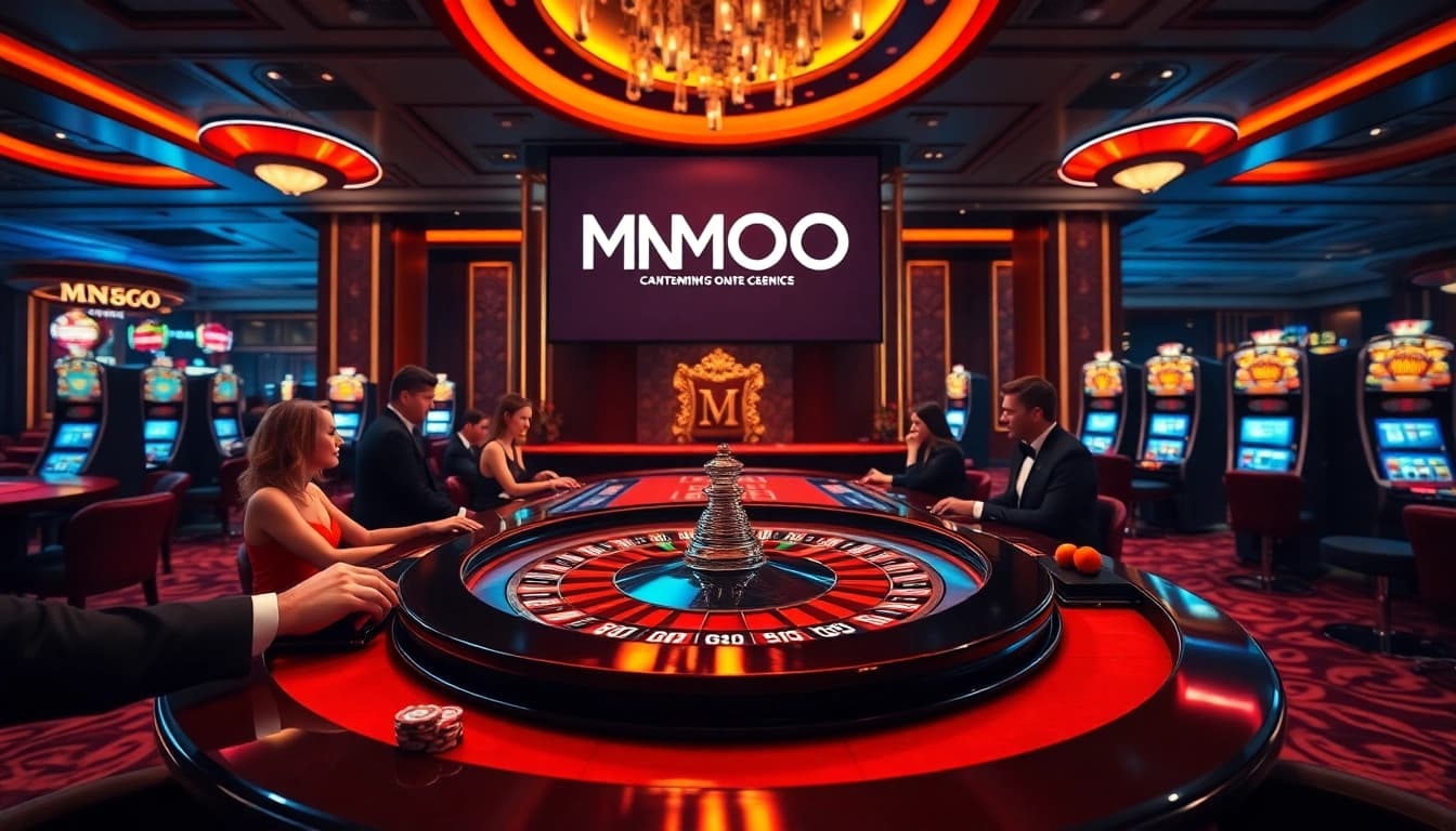 Players enjoy their bets at the MMOO luxury casino, featuring roulette and vibrant slot machines.