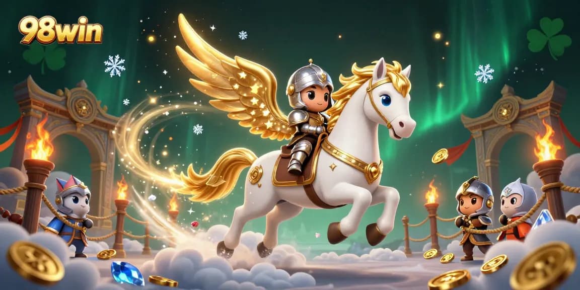 Bet on 98win for thrilling casino experiences, featuring a celestial horse symbolizing luxury.