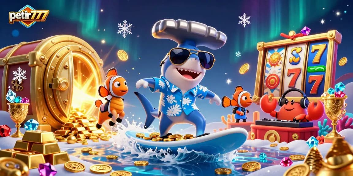 Petir777 players surfing on gold coins celebrate wins with vibrant casino elements in a dynamic 3D scene.
