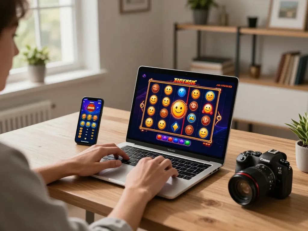 Player enjoying kdslot online gaming on a laptop with vibrant display and casino app on smartphone