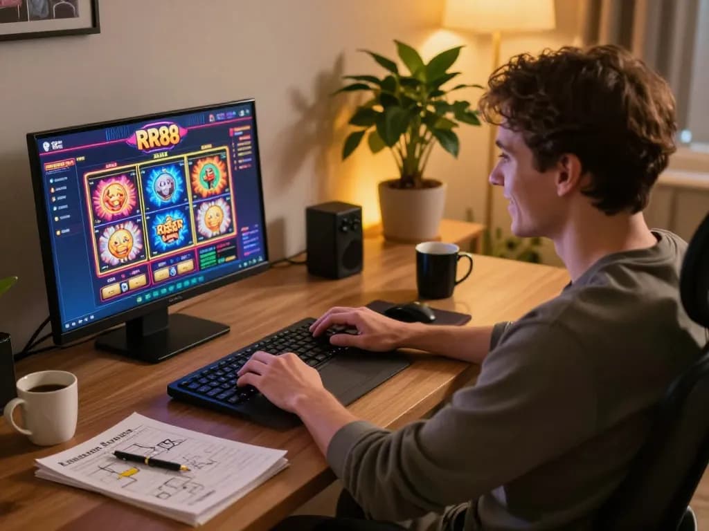 Player enjoying RR88 online gaming, focused on laptop with vibrant slot machine interface