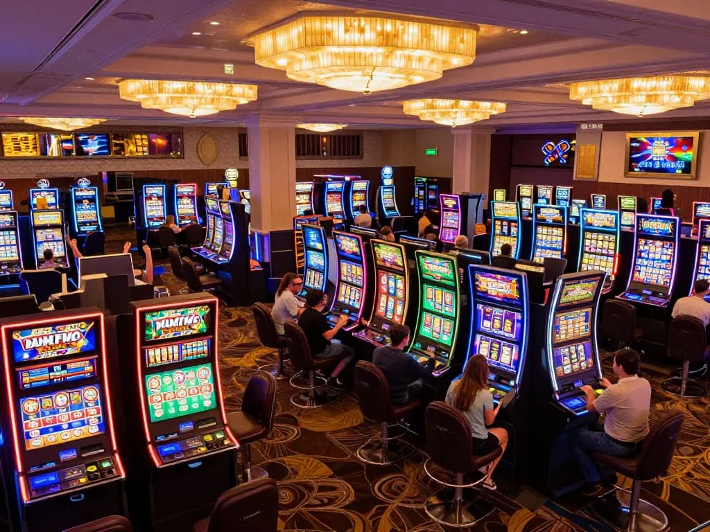 Players enjoying vibrant slot machines at MM88 casino, celebrating wins in a lively atmosphere.