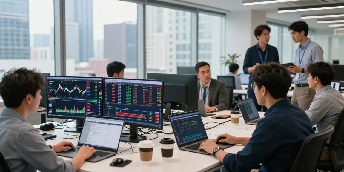 Analisis mendalam kakakjudi dengan tim trader di kantor modern.