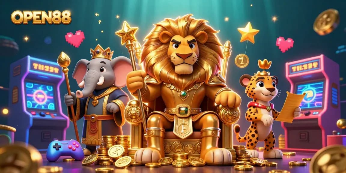 Engage with OPEN88, a vibrant online gaming scene featuring a majestic lion king and dynamic game elements.