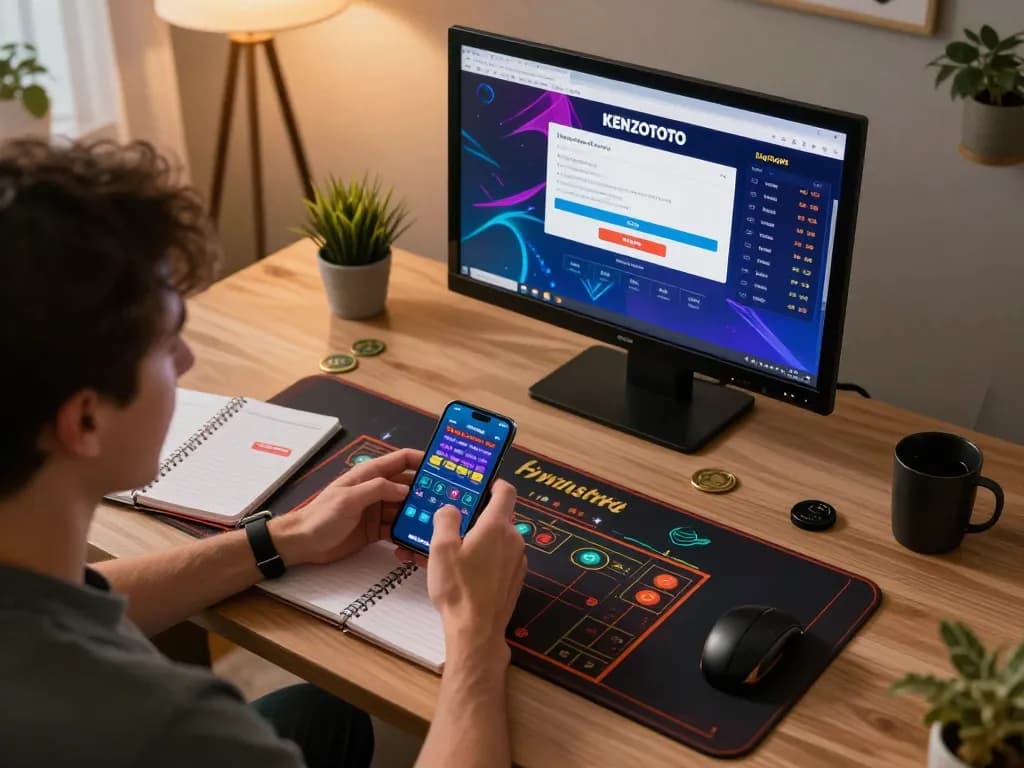 Terlibat dalam login KENZOTOTO sambil memasang taruhan strategis di smartphone di kantor rumah modern.