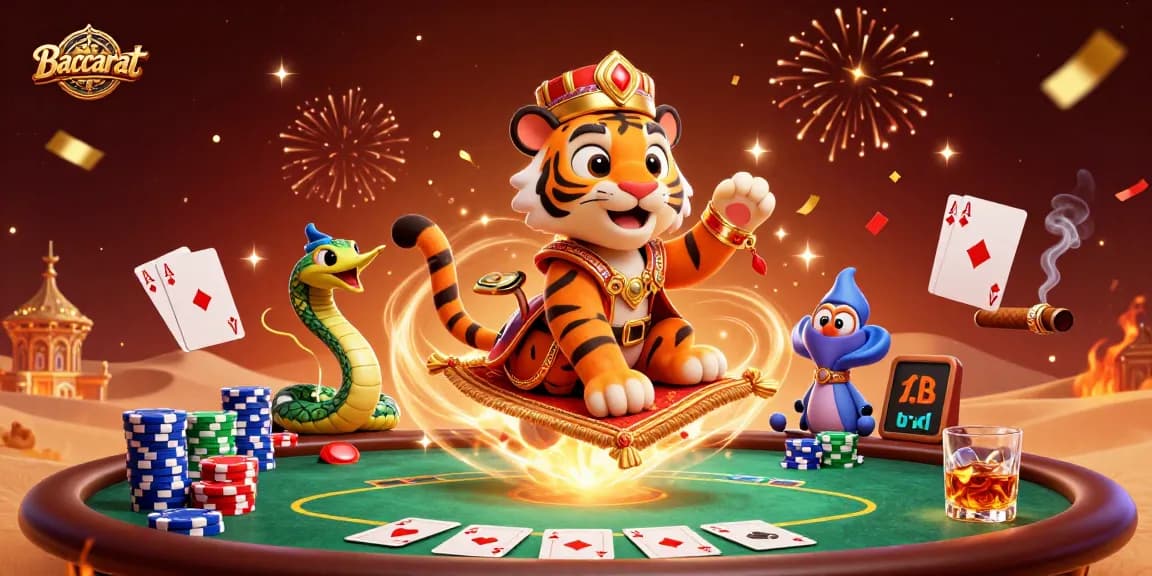 Experience Baccarat magic with a vibrant sultan on a poker chip carpet, exuding casino excitement!